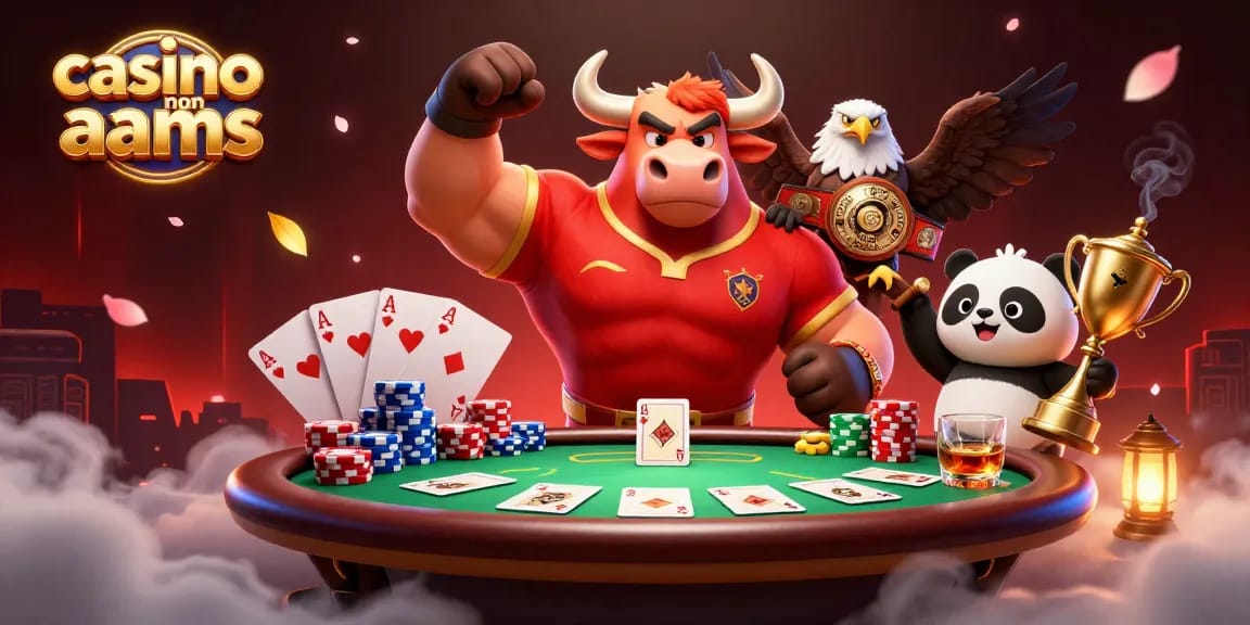 Scopri l'emozione dei casino non AAMS con una mascotte toro, un campione aquila e un trofeo panda in una scena vibrante.