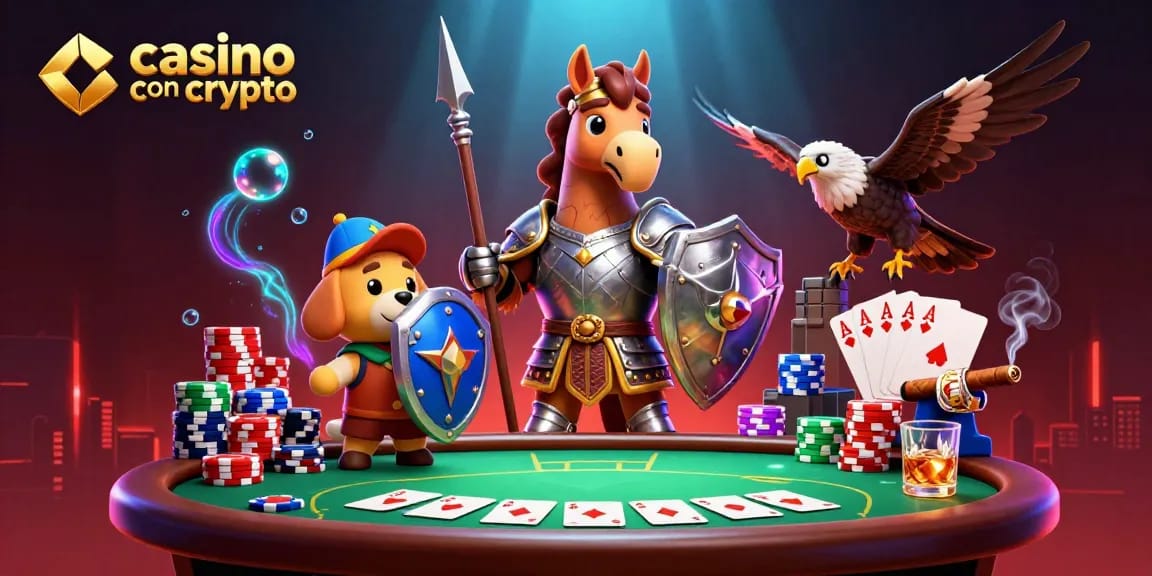 Gioca in un casino con crypto con l'illustrazione di un cavaliere medievale, un cucciolo scudiero e un falco in un'atmosfera vivace.