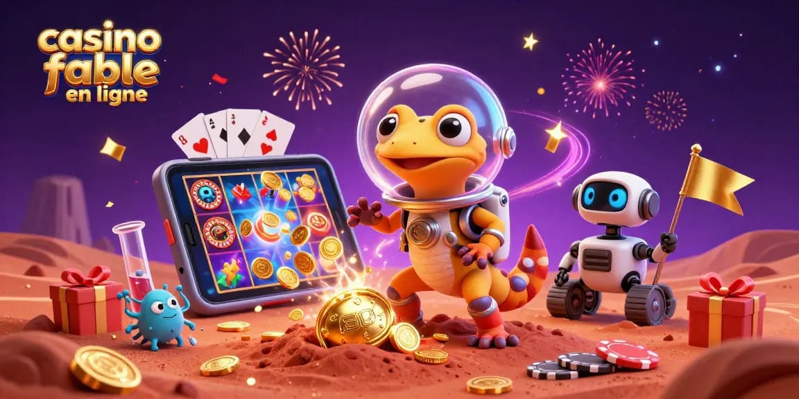Découvrez le casino fiable en ligne avec un gecko martien et des éléments festifs captivants.