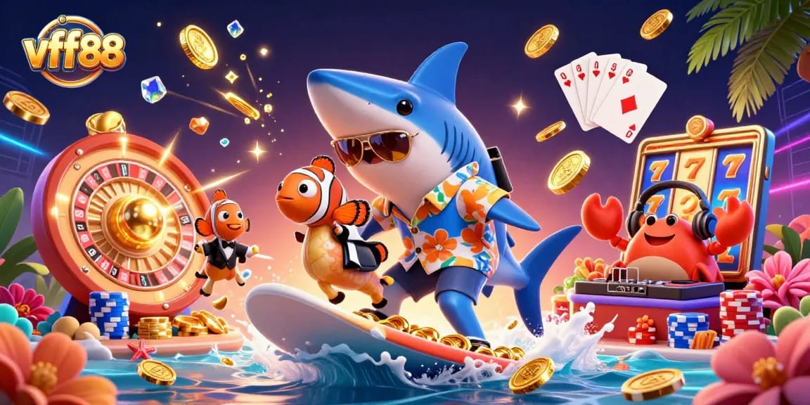 Surf on gold coins with vff88's shark mascot, while enjoying an exciting casino atmosphere.