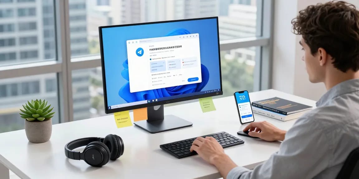 Engaging with Telegram Chinese desktop interface in a modern workspace.
