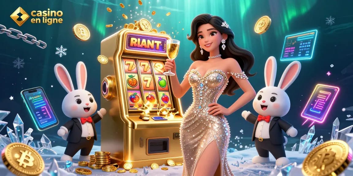 Vivez l'excitation du casino en ligne avec une femme trinquant devant une machine à sous à jackpot entourée d'éléments vibrants.