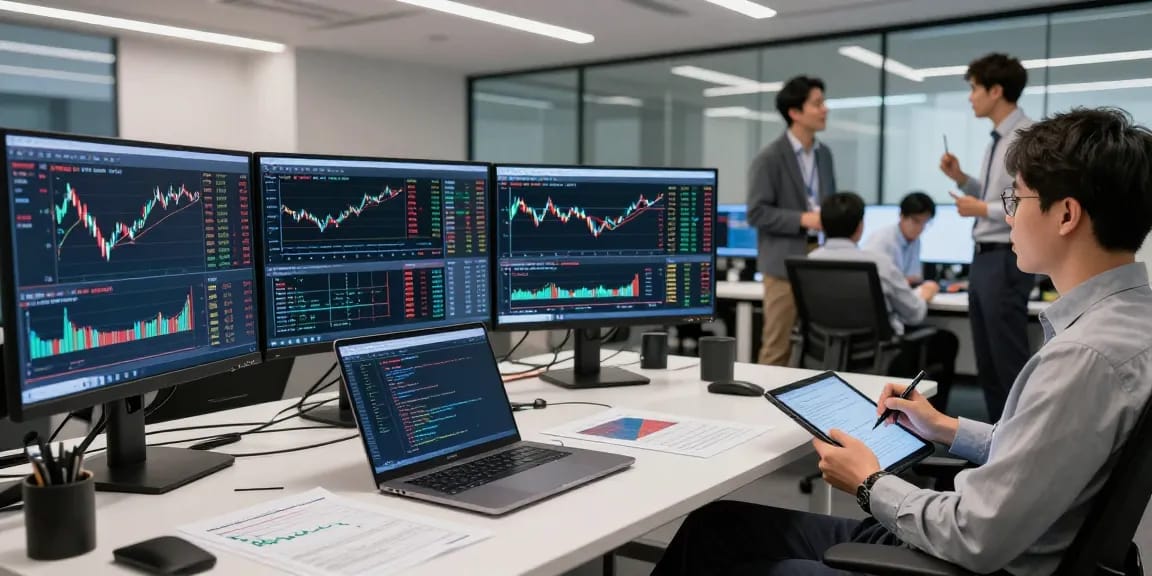 Dynamic trading environment showing Japan stock real-time API data integration in a high-tech financial office.