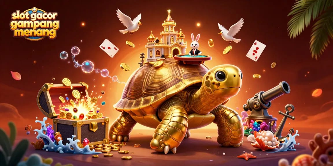 Engage in exciting gameplay with slot gacor gampang menang; vibrant 3D illustration of a casino scene with golden tortoise and rabbit dealer.