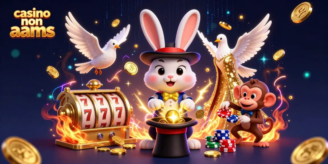 Scena emozionante che mostra casinò non AAMS con un coniglio mago, monete ed elementi di casinò vivaci.
