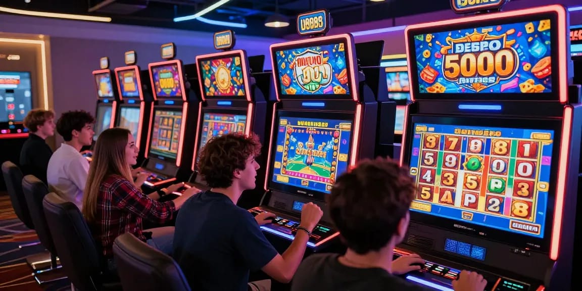 Players enjoying slot depo 5000 games in an exciting online casino atmosphere.