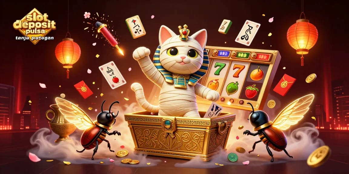 Putar dan menangkan di slot deposit pulsa tanpa potongan dengan kucing mummy dan elemen kasino menarik.