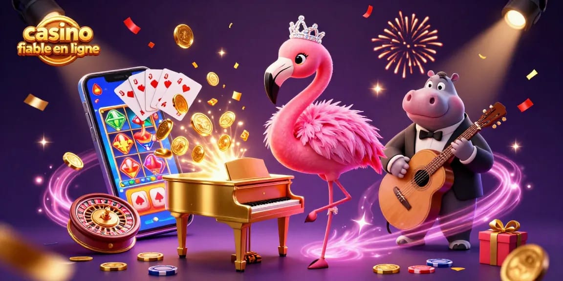 Célébrez dans un casino fiable en ligne animé avec des jeux, des paillettes et des personnages colorés.