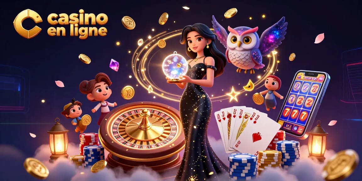 Scène engageante d'excitation de jeu au casino en ligne mettant en vedette une femme charismatique et des éléments animés.