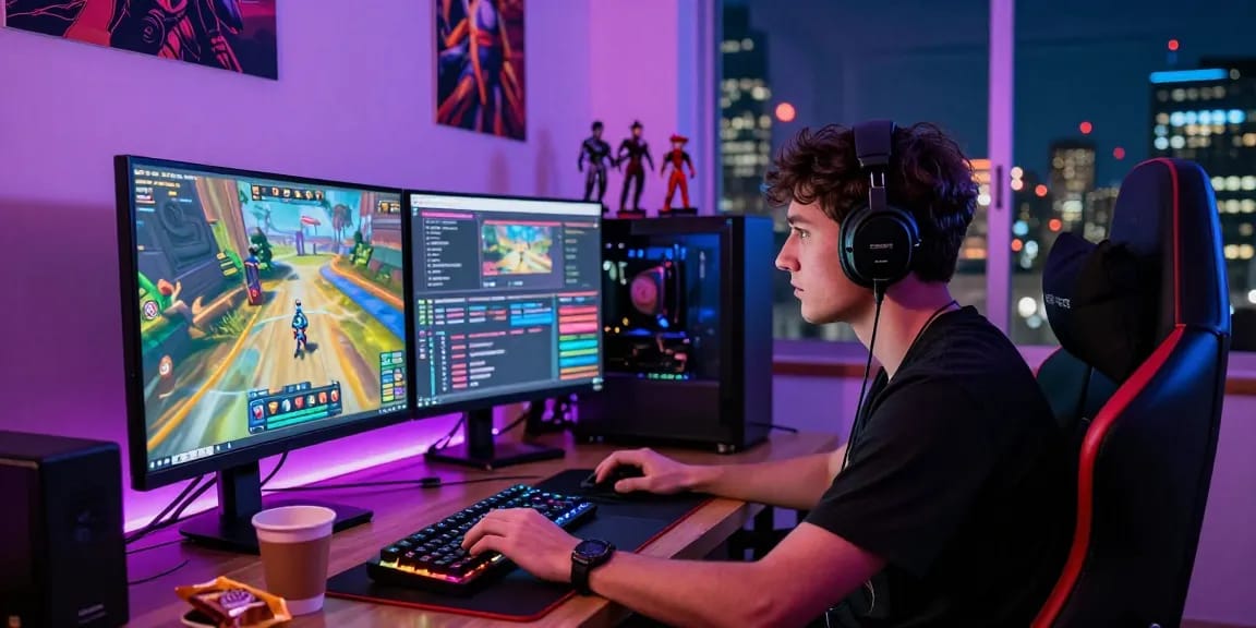Intense gaming setup at https://gravatar.com/playbook88official with vibrant visuals and immersive atmosphere