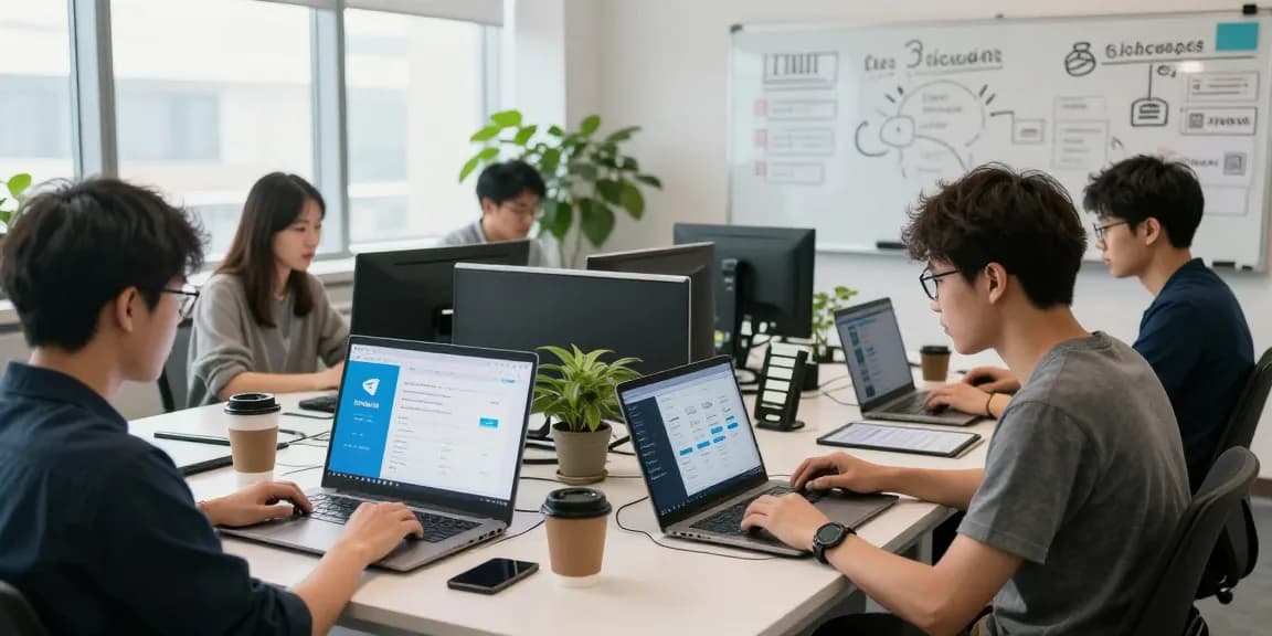 The young developer collaborating on 纸飞机中文版 features in a modern office environment with laptops, tablets, and app interfaces.