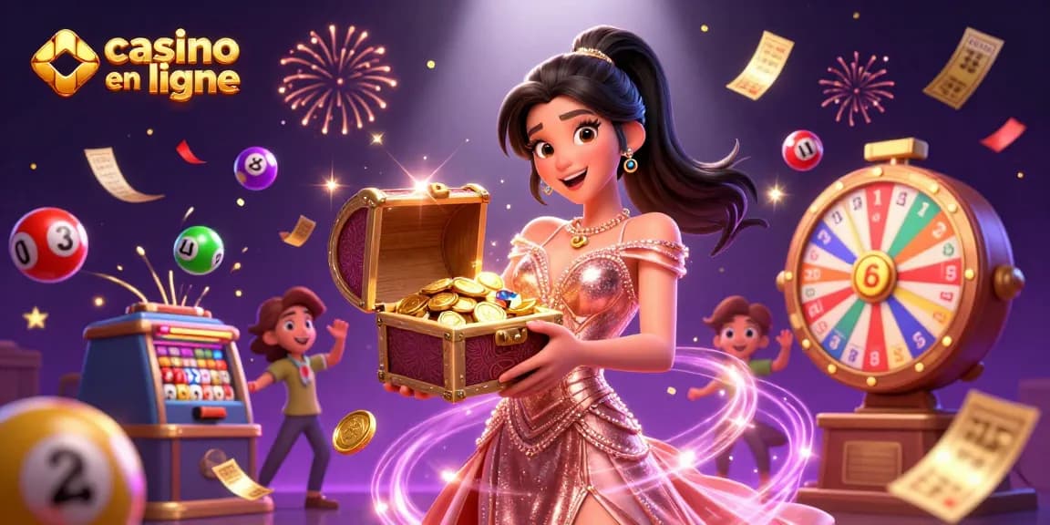 Découvrez l'excitation du casino en ligne avec une femme joyeuse révélant des trésors dans une scène 3D vibrante.
