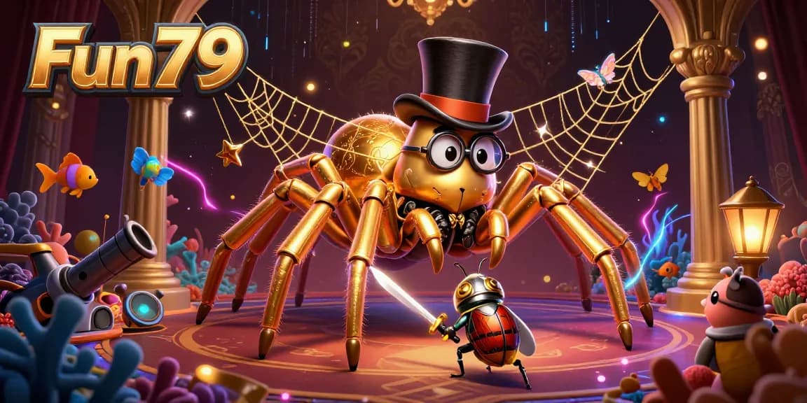 Fun79 engages players with vibrant fishing game visuals depicting a golden tarantula and beetle knight.