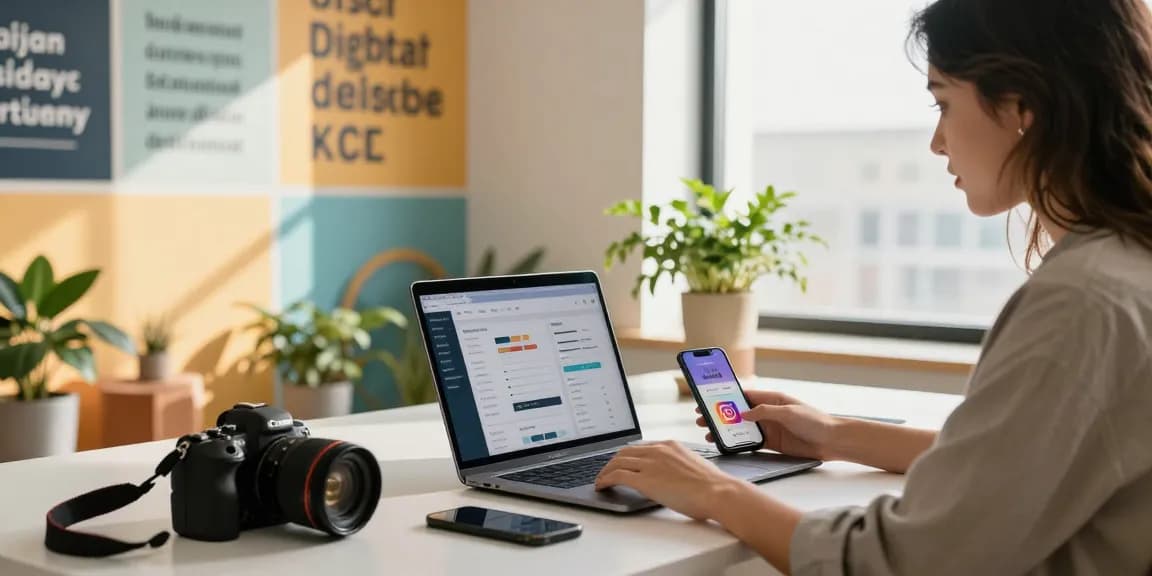 Engaging urban workspace showing an influencer analyzing Instagram metrics while preparing to buy cheap Instagram followers now for enhanced marketing.
