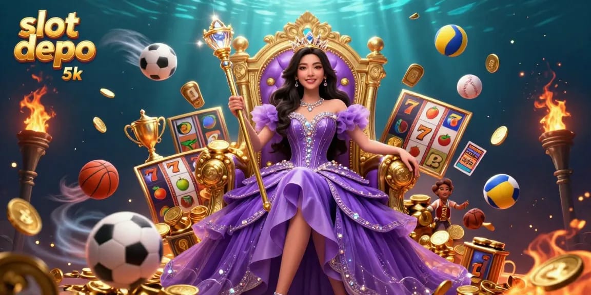 Experience the excitement of slot depo 5k with vibrant slot reels and golden scepter in an enchanting setting.