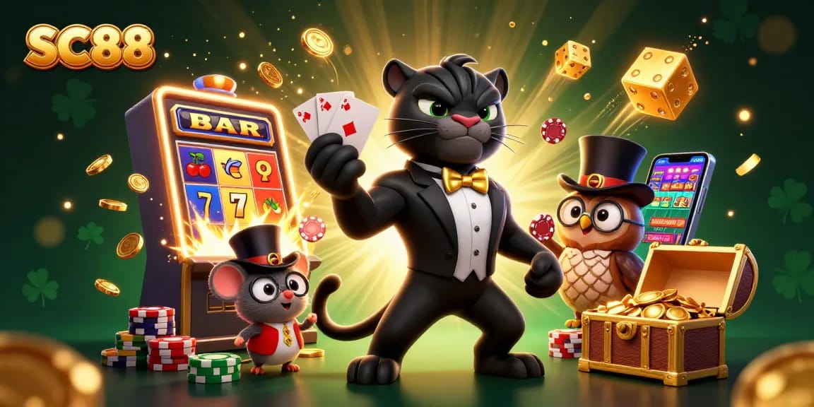 Engage in thrilling SC88 casino action with elegant dealer characters and jackpot symbols.