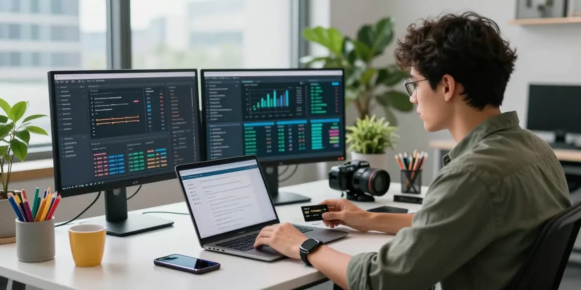 Expert user analyzing CVV data at a Fullz Store, modern workspace setup with tech elements.