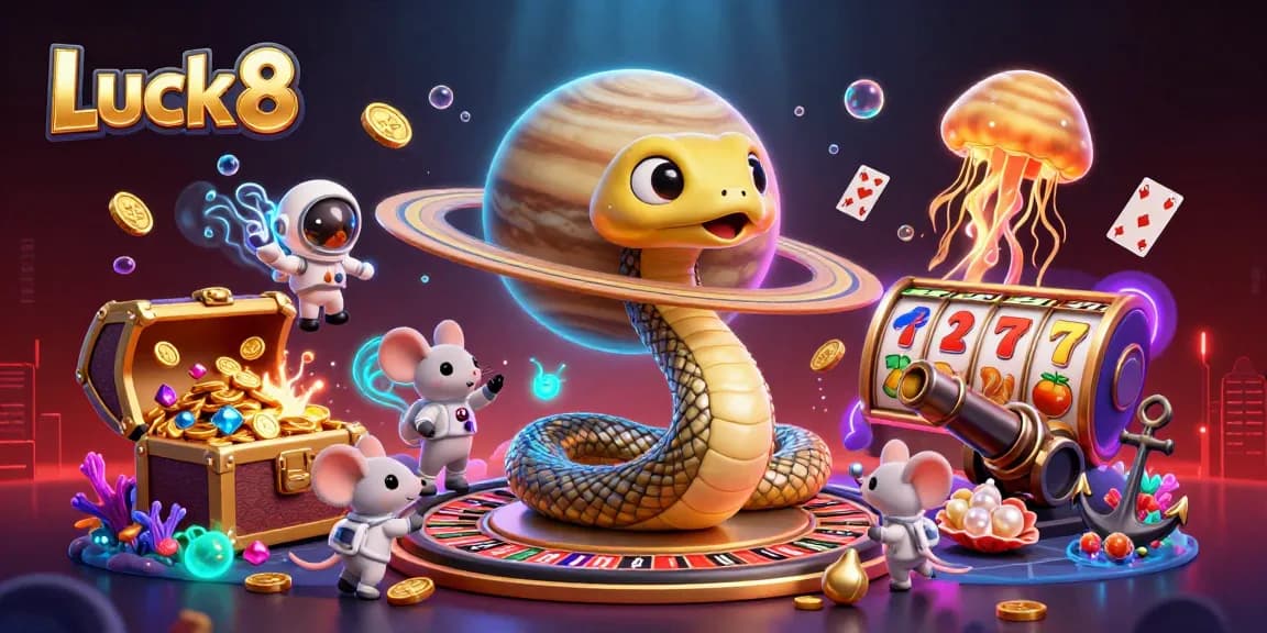 Experience thrilling gameplay with Luck8's dynamic gambling scene featuring slot elements and engaging characters.