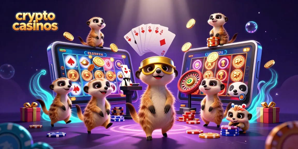 Les crypto casinos en action avec des suricates gérant un casino dynamique entouré de jeux de cartes et de pièces d'or.