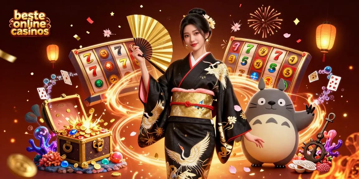 Experience the excitement at beste online casinos with a vibrant scene featuring a kimono-clad woman and lucky gaming symbols.