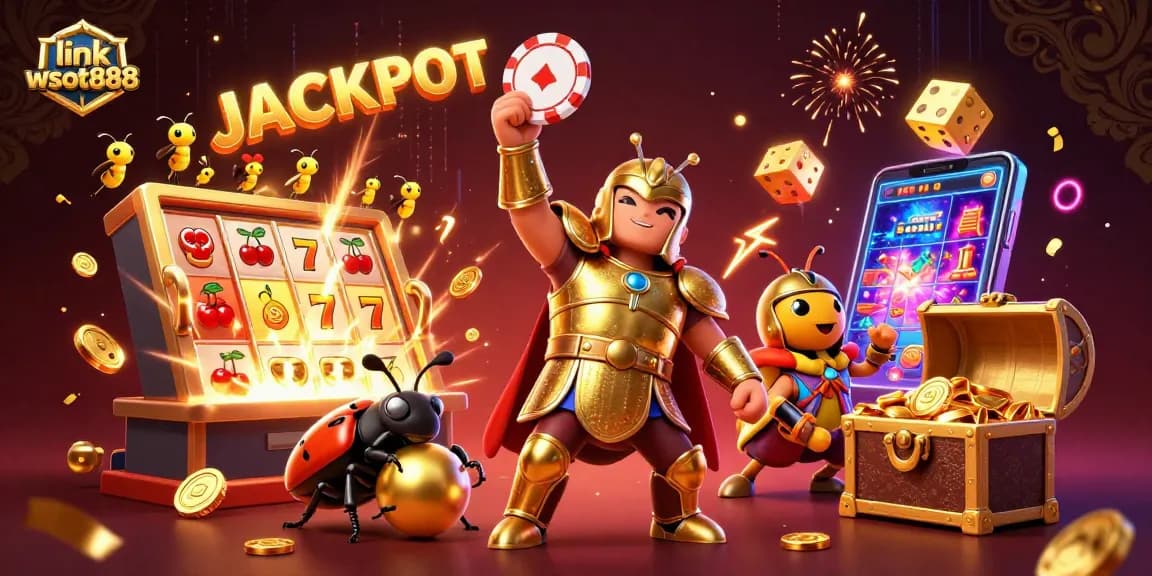 Memenangkan jackpot di link wslot888 dengan ilustrasi detail hercules dan bug keberuntungan.