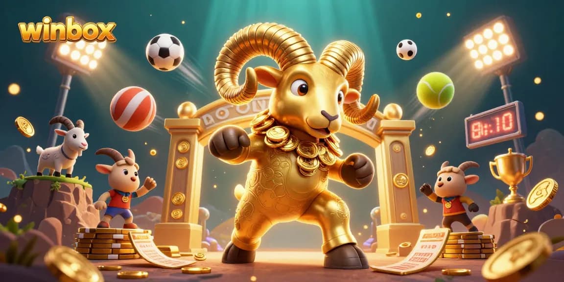 Winbox showcases a golden ram charging through casino gates with vibrant sports elements.