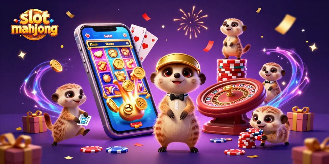 Engaging scene of slot mahjong featuring amusing meerkats in a vibrant casino environment.