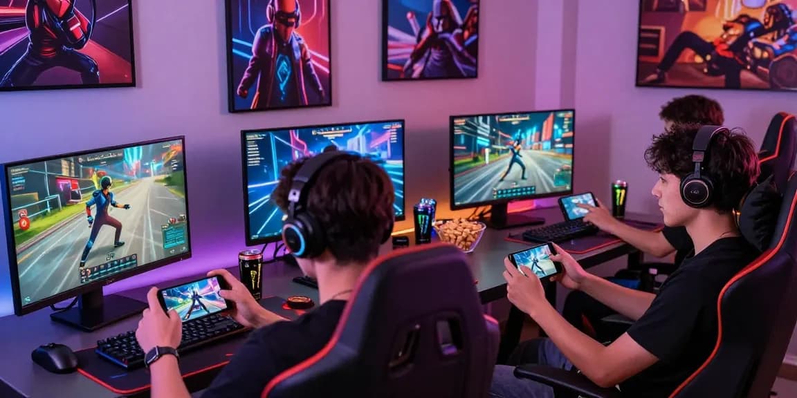 Immersive gaming experience with pakde4d platform showcased by players engaged with modern devices in a vibrant gaming room.