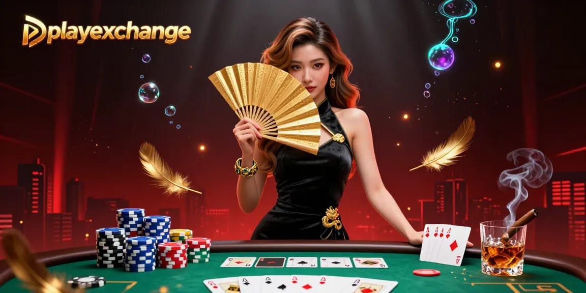 Playexchange showcases a captivating scene with a stunning Asian woman at a poker table surrounded by chips and cards.