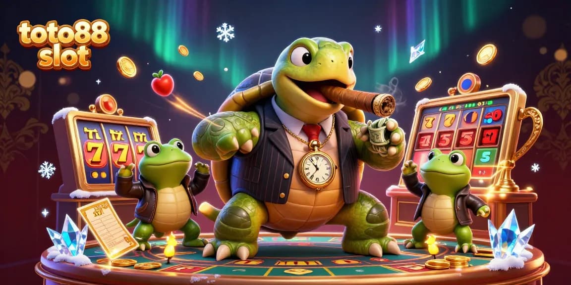 Experience the thrill of toto88 slot with a dynamic illustration of a cartoon turtle and bullfrog enforcers.