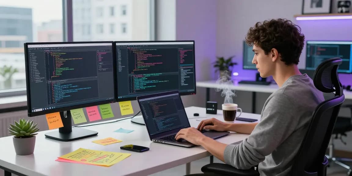Software developer coding at telegraimin.com workspace with monitors and tools.