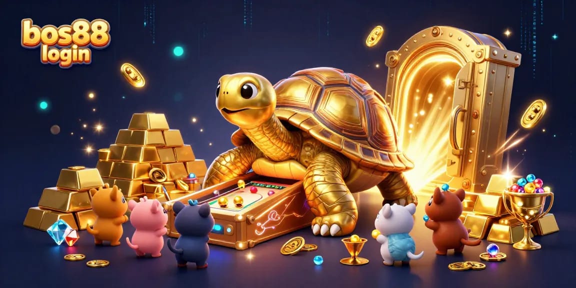 Excited small animals engaging with the vibrant bos88 login pinball tortoise in a treasure-filled casino scene.