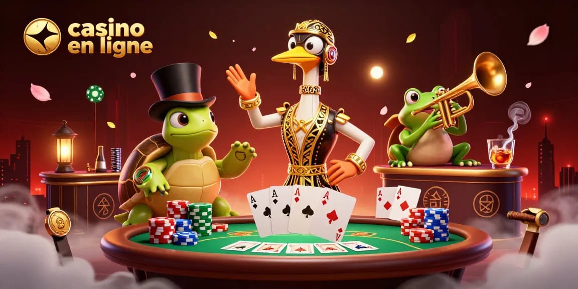 Jouez à des jeux de casino en ligne avec une illustration 3D captivante mettant en avant des personnages amusants.