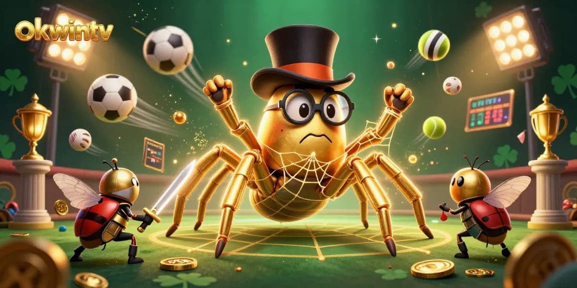 Experience thrilling sports action with okwintv as a golden tarantula weaves its web in a vibrant casino scene.