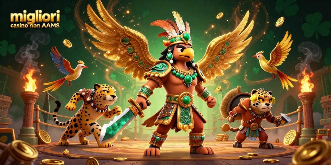 Migliori casino non AAMS in mostra con guerrieri aztechi, monete d'oro ed elementi di gioco dinamici
