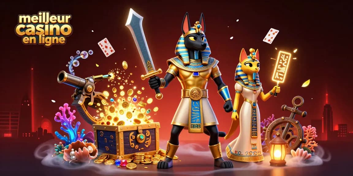 Illustration dynamique du meilleur casino en ligne avec Anubis et Bastet entourés de jeux et trésors.