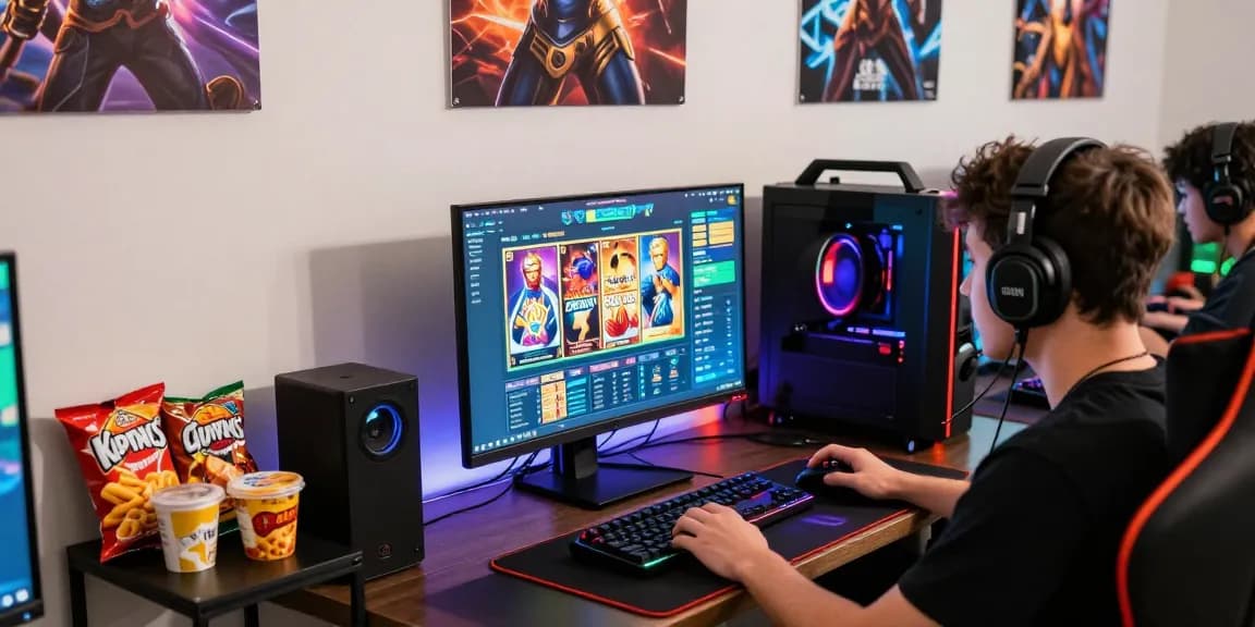 Engaged gamer at a vibrant link raja328 gaming setup, surrounded by colorful game interfaces and gear.