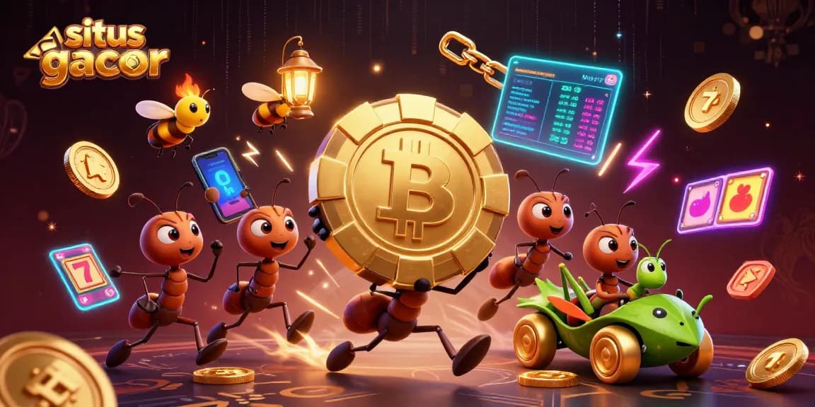 situs slot gacor shows ants heisting a giant poker chip, surrounded by vibrant casino elements