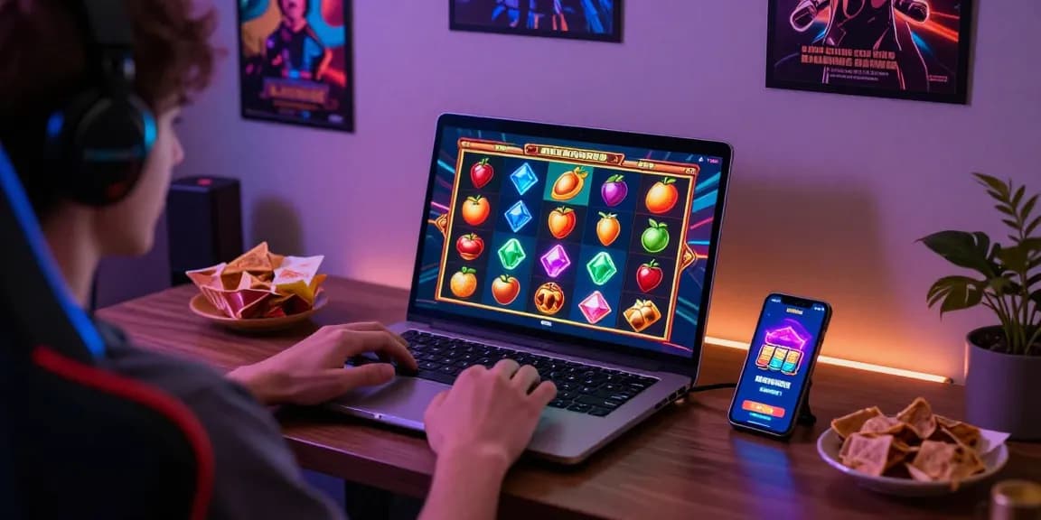 Engaged user enjoying raja 328 daftar game on laptop in vibrant gaming setup