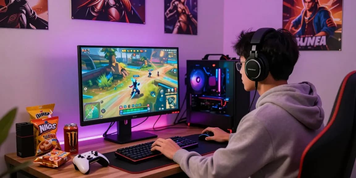 Gamer bermain JURAGAN77 di meja yang dikelilingi aksesori gaming dan makanan ringan.