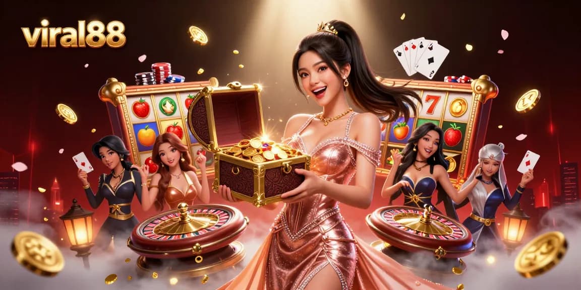 Experience thrilling gaming at viral88 with vibrant slot reels and stunning treasures.