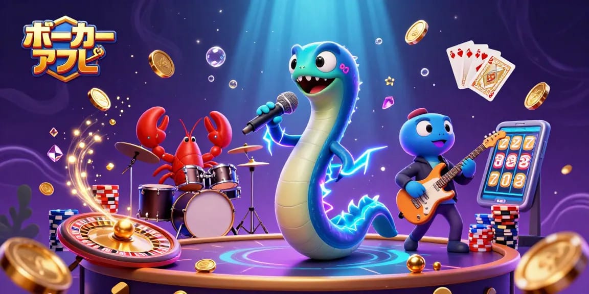 ポーカーアプリに関連する華やかなシーンで、3Dキャラクターが音楽パフォーマンスをしながら豪華なゲーム装飾に囲まれています。