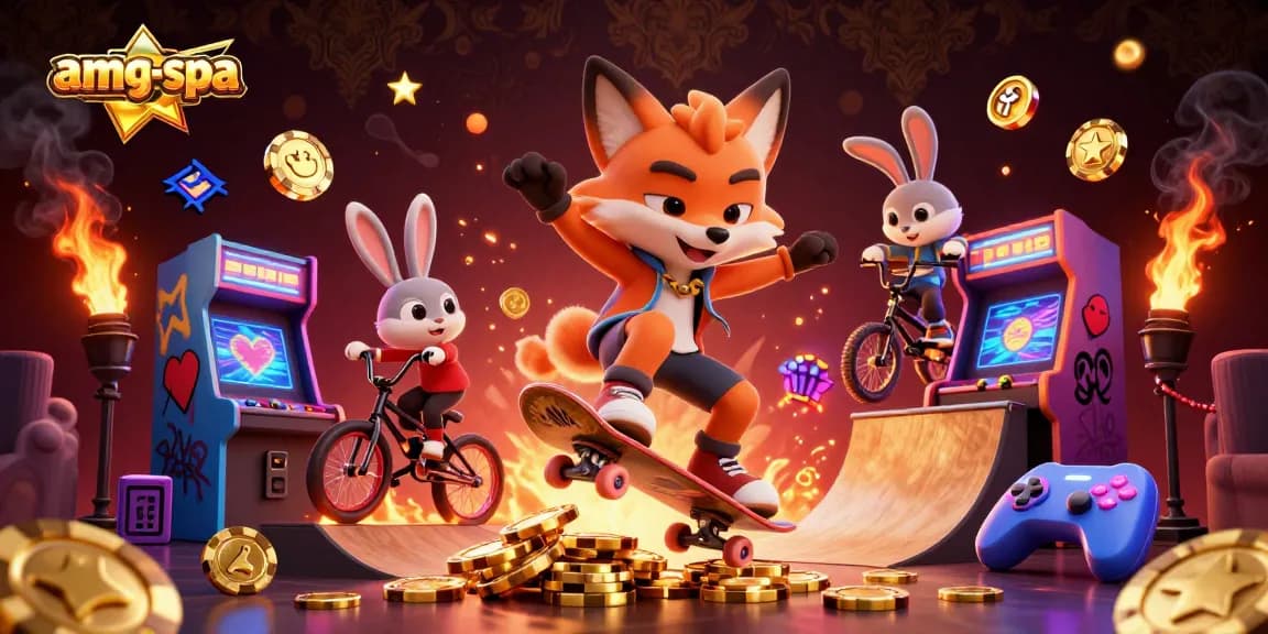 Amg-spa showcases a vibrant 3D casino scene with cartoon characters performing tricks around poker chips.