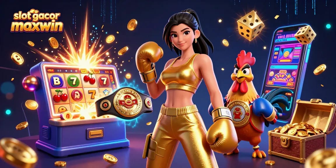 Engage with slot gacor maxwin experiencing jackpot excitement featuring vibrant casino symbols and 3D characters.