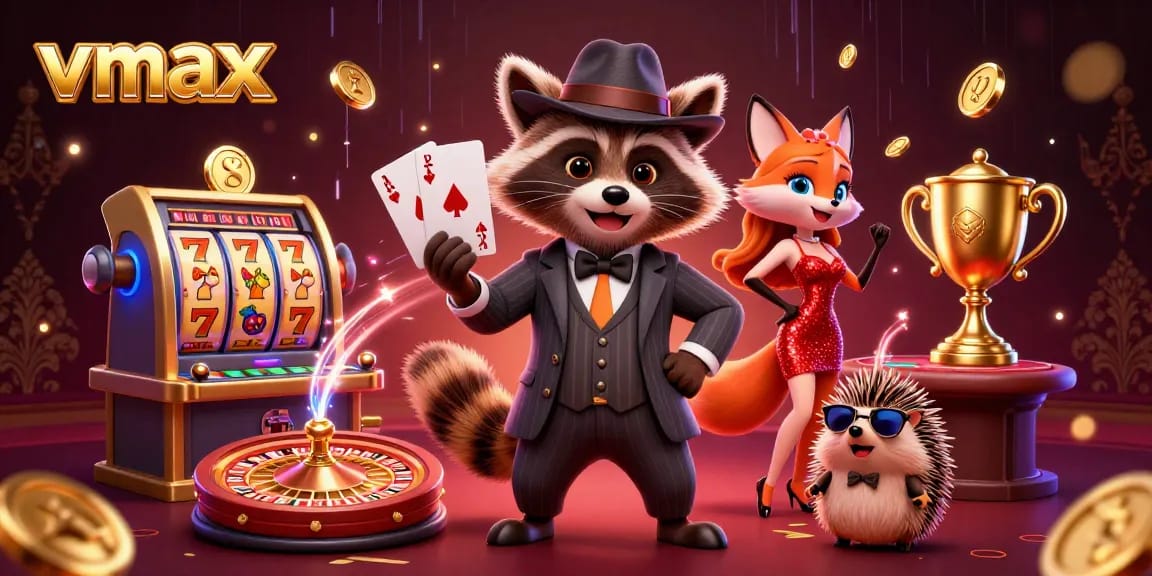 Experience thrilling games at vmax with a suave raccoon and stylish characters in a vibrant casino setting.