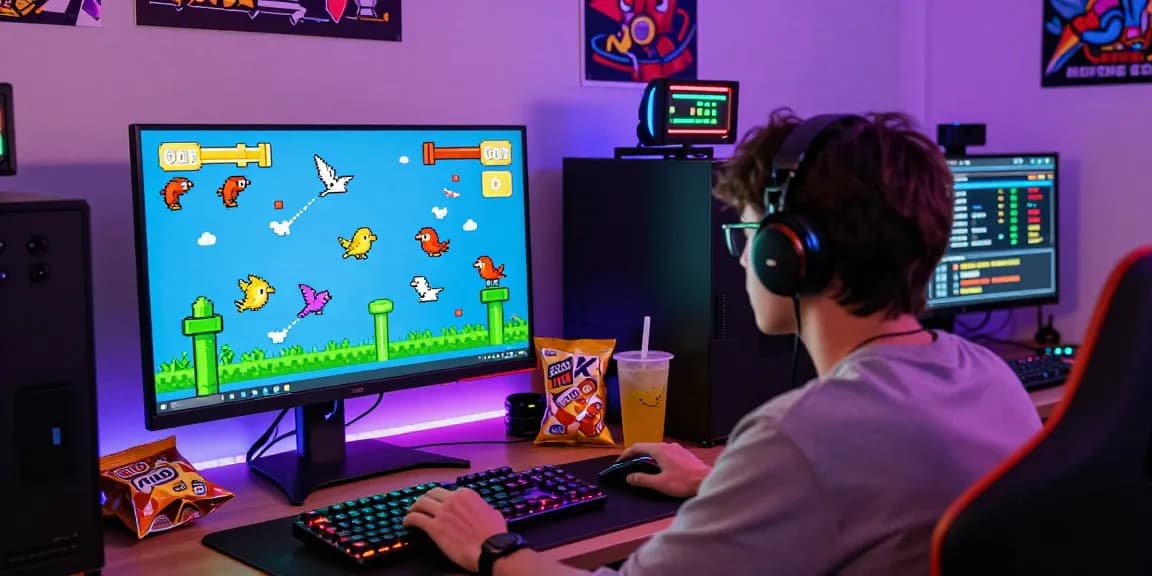 Tappy Bird game displayed on a vibrant gaming setup with a player focused on the screen in an energetic gaming atmosphere.