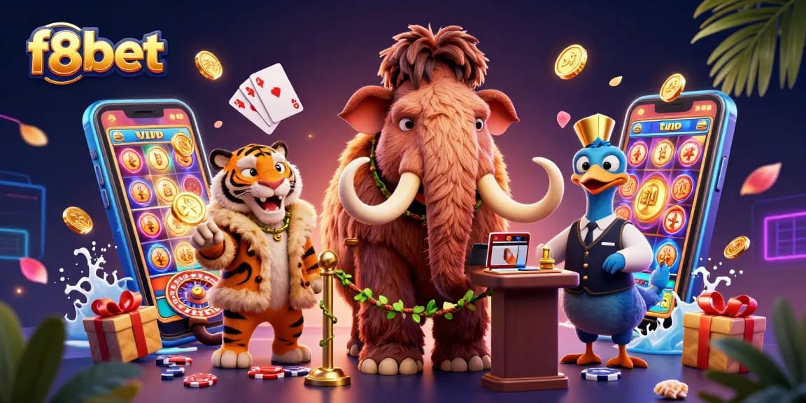 Join the excitement at f8bet, featuring a vibrant 3D casino scene with whimsical characters and gaming elements.