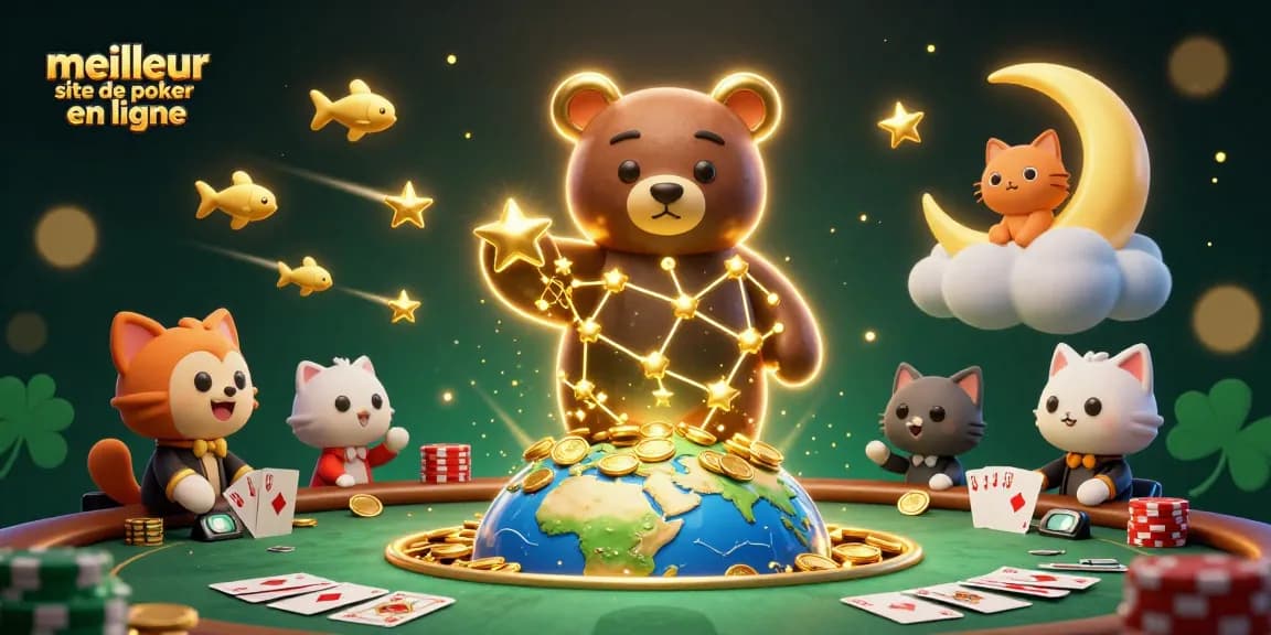Découvrez le meilleur site de poker en ligne avec cette illustration vibrante comprenant des tables de poker et des éléments dynamiques.
