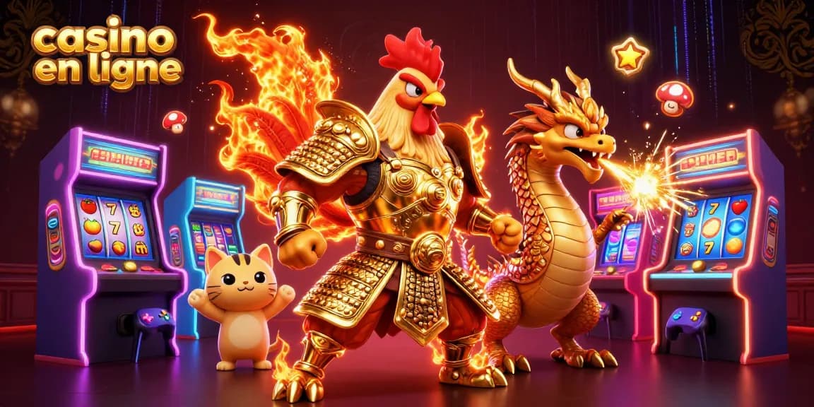 Participez à l'action du casino en ligne avec un puissant guerrier coq et un dragon nouveau-né dans un environnement de jeu excitant.