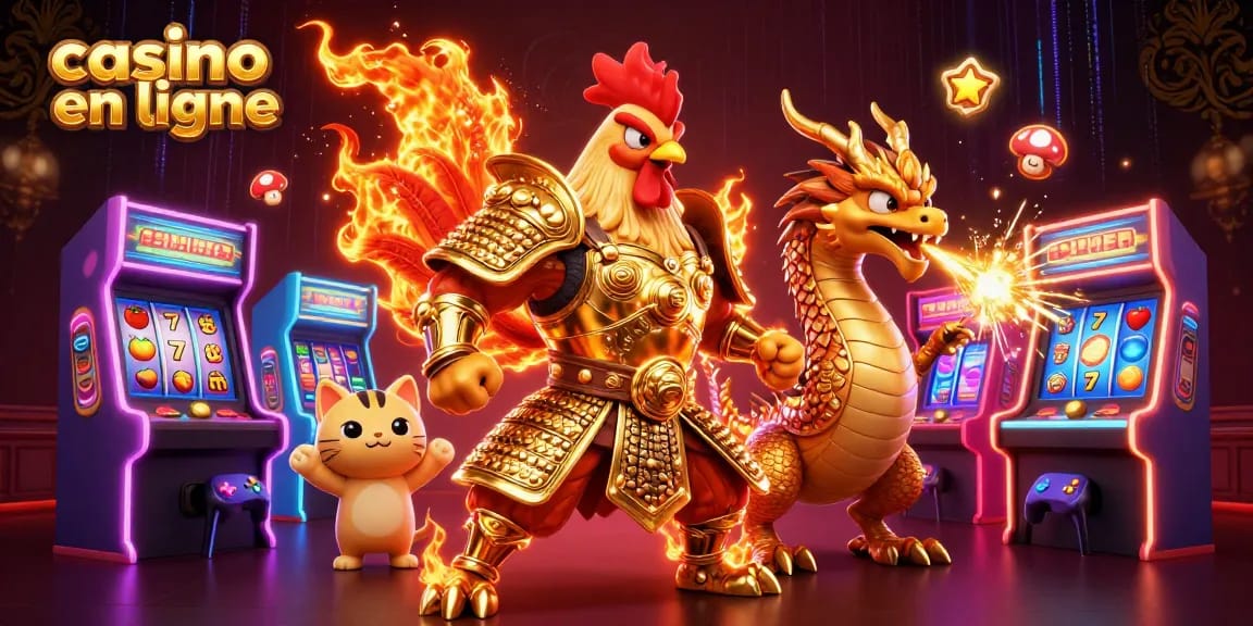 Participez à l'action du casino en ligne avec un puissant guerrier coq et un dragon nouveau-né dans un environnement de jeu excitant.